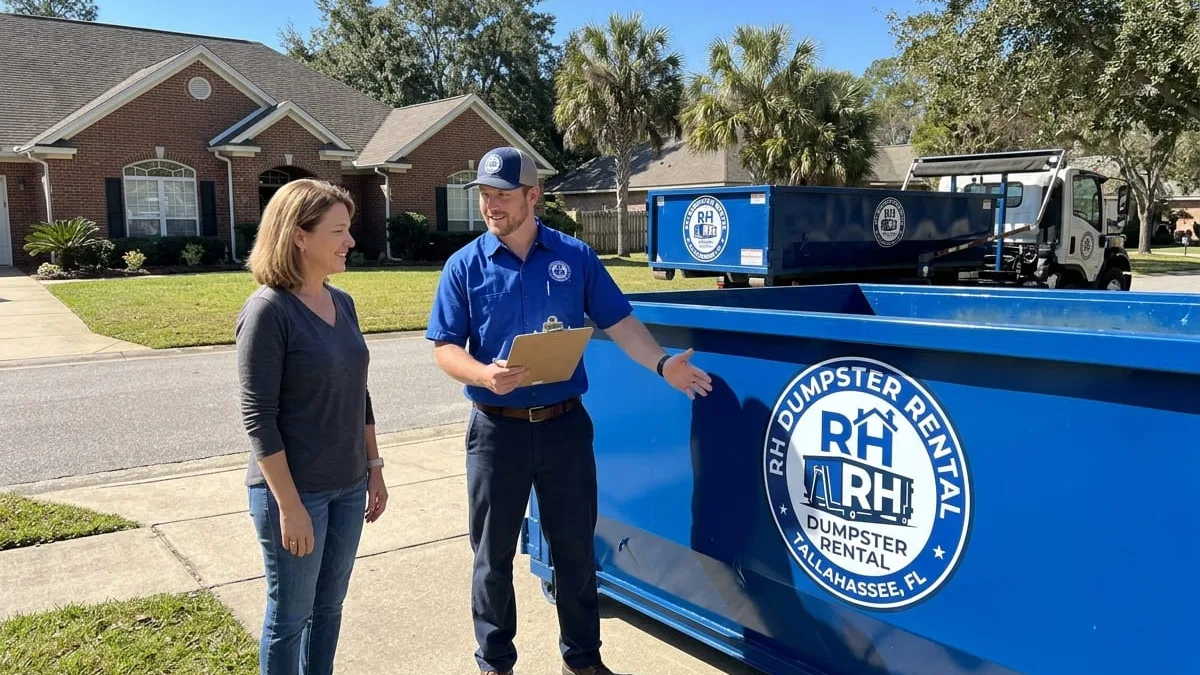 RH Dumpster Rental roll-off dumpster being delivered to a Tallahassee, Florida driveway